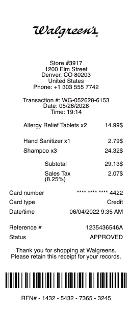 Walgreeens Receipt template