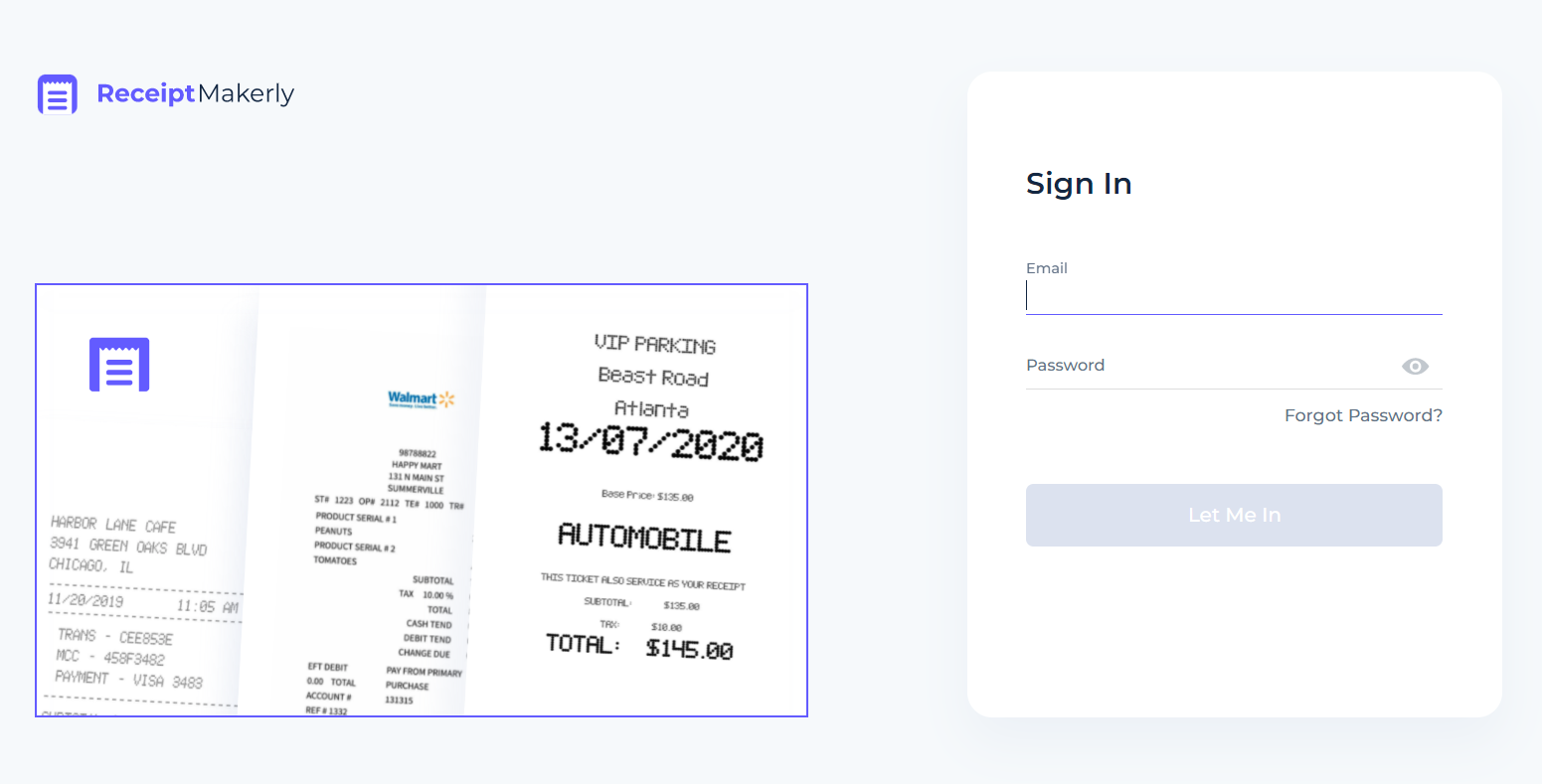 Login page of Receiptmakerly