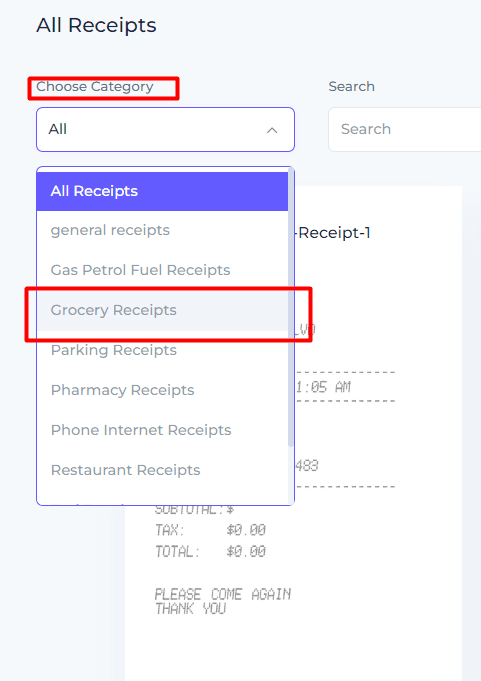 Choose Receipt category for Business Receipt}