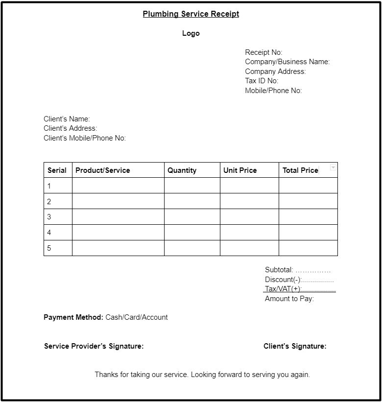 Service Receipt Template With Required Components