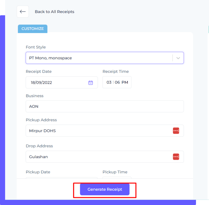 Second step to generate ola style receipts using Receiptmakerly app