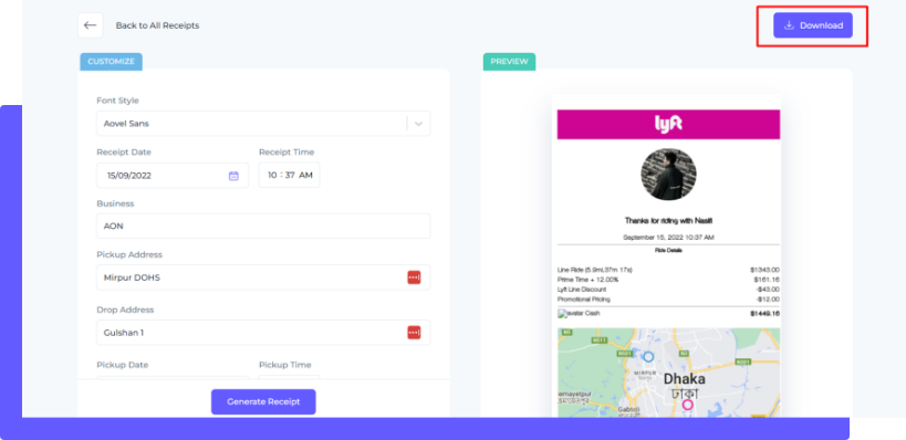 Final step to generate lyft style receipt with Receiptmakerly