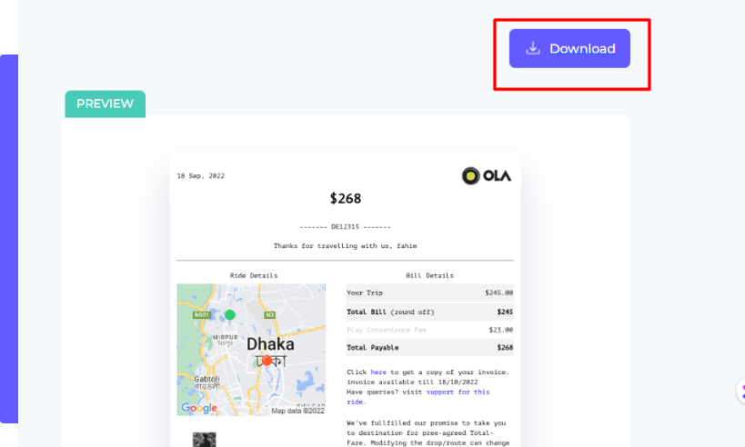 Final step to generate ola style receipts using Receiptmakerly app