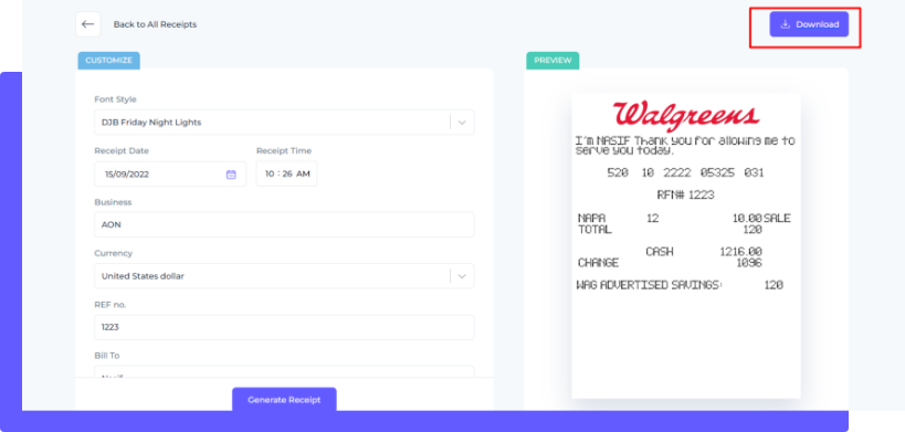 Final step to generate walgreens style receipt with Receipmakerly app