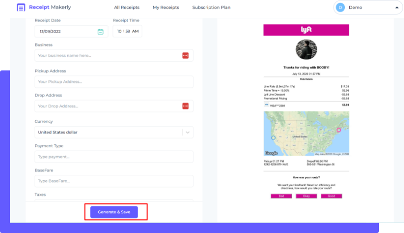 Fourth step to generate lyft style receipt with Receiptmakerly
