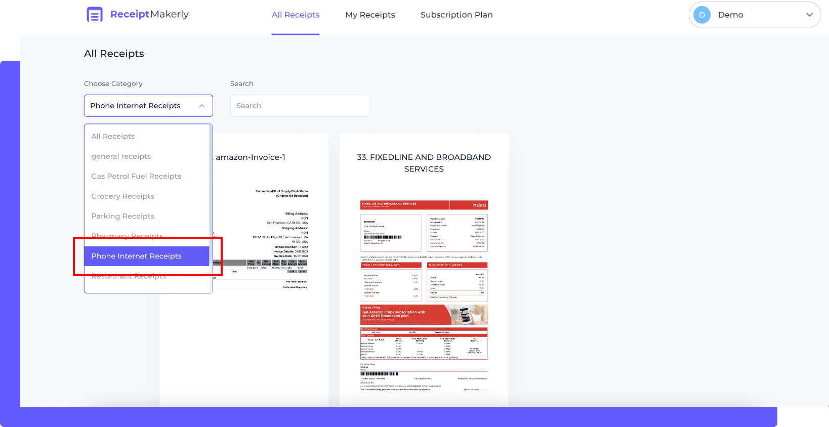 How to generate phone and internet receipt step 1