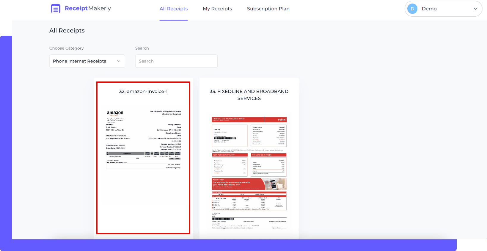 How to generate phone and internet receipt step 2