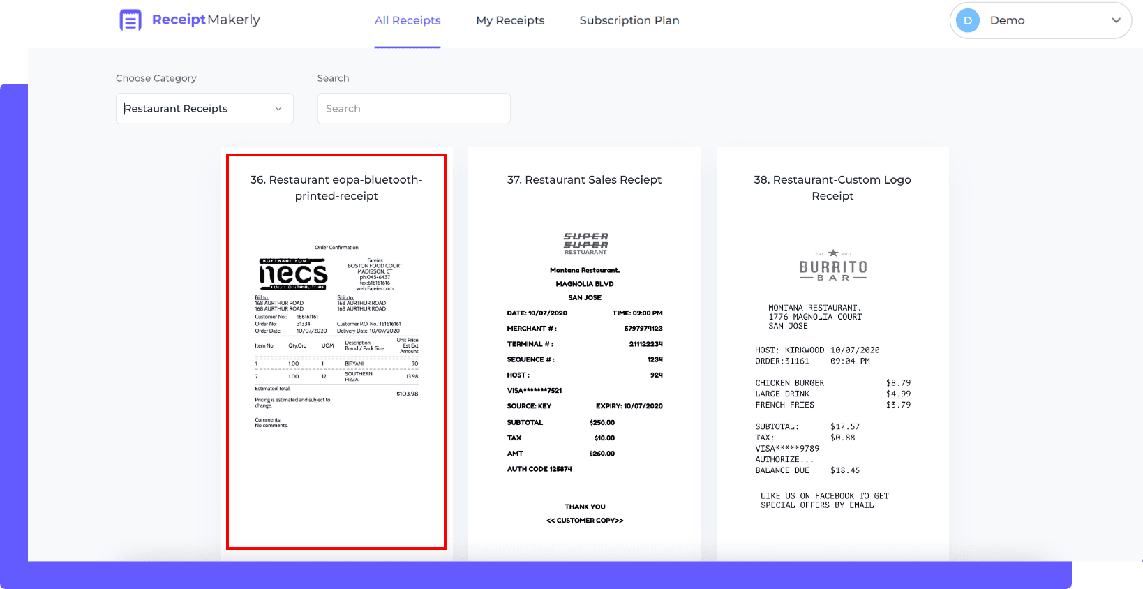 Step two To Generate Restaurant Receipt using Receiptmakerly app