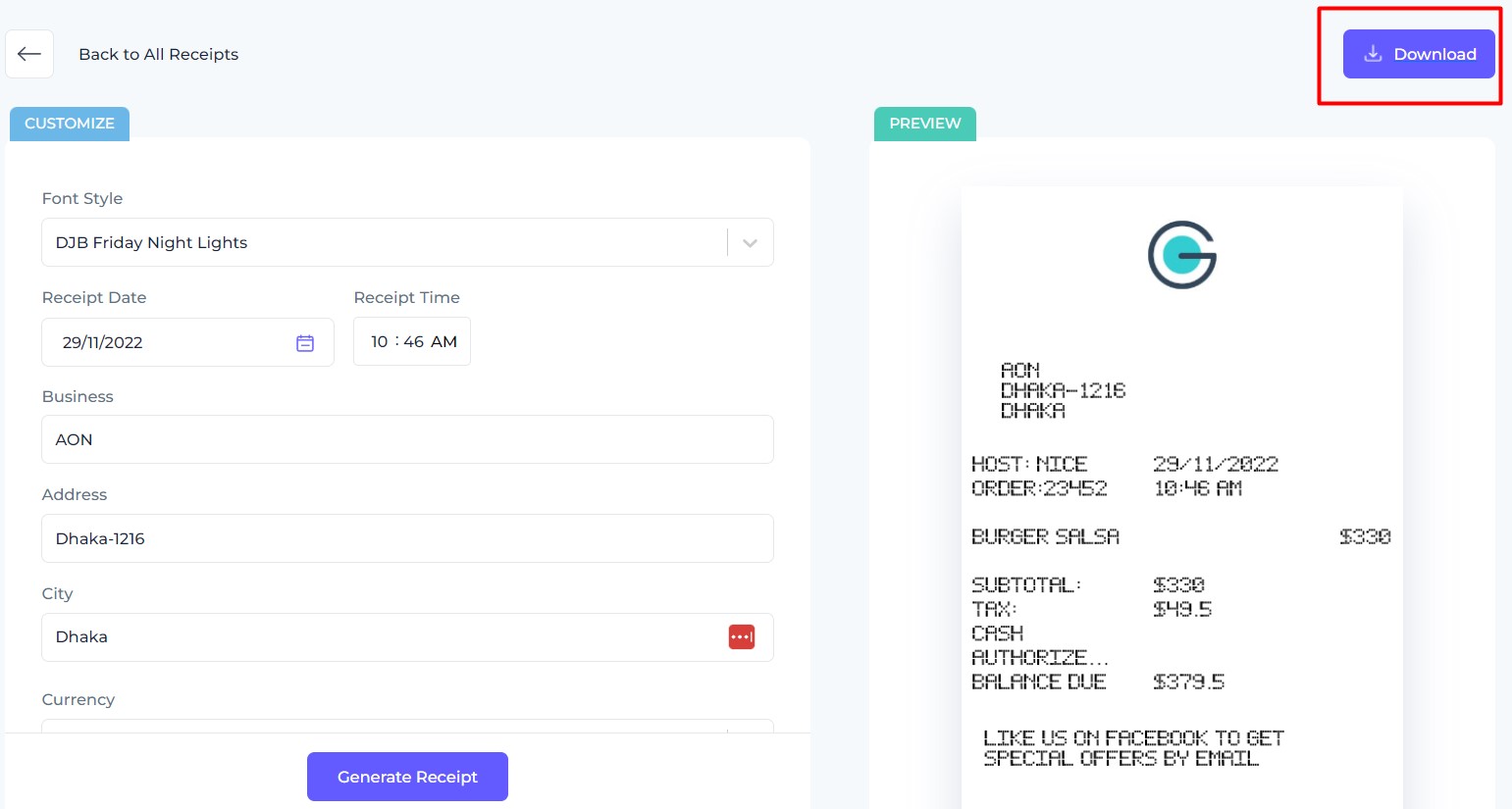 Step four To Generate Restaurant Receipt using Receiptmakerly app