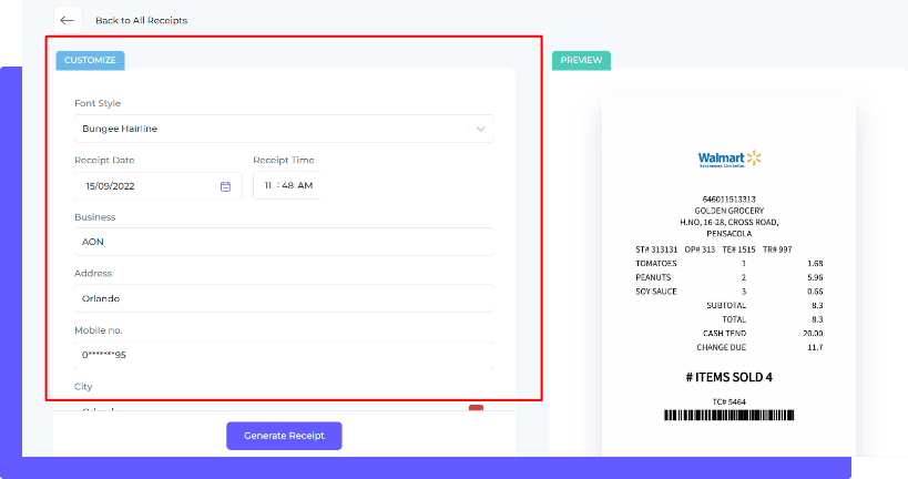 Third step to generate walmart type digital receipt