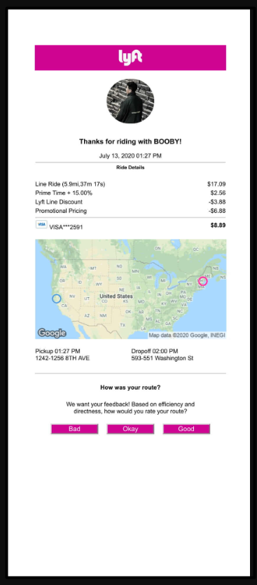 Lyft style receipt sample