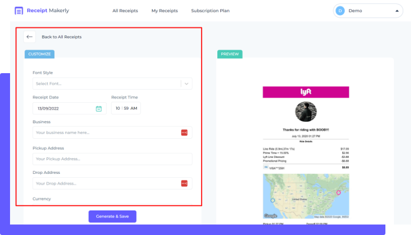Third step to generate lyft style receipt with Receiptmakerly