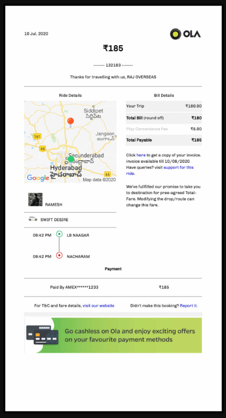 ola cab travel invoice