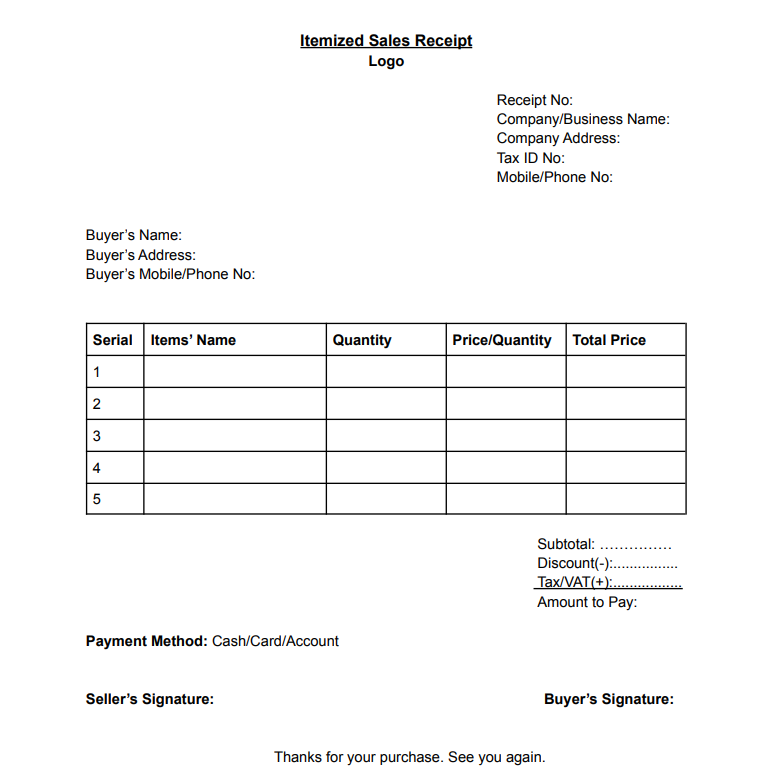 Itemized Receipt Detail Guide With Sample Itemized Receipt Detail Guide With Sample