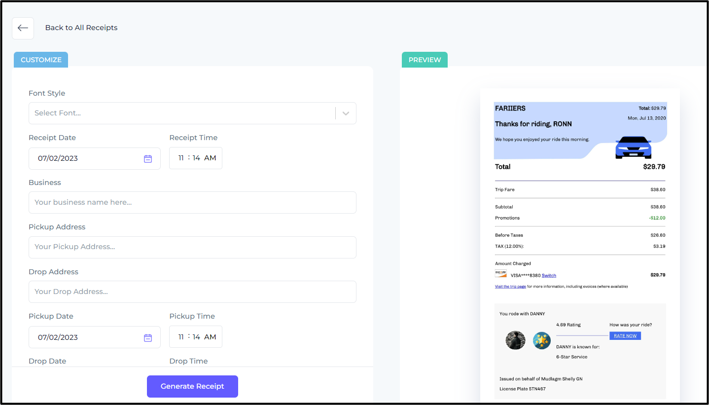 How to generate taxi receipt step 3