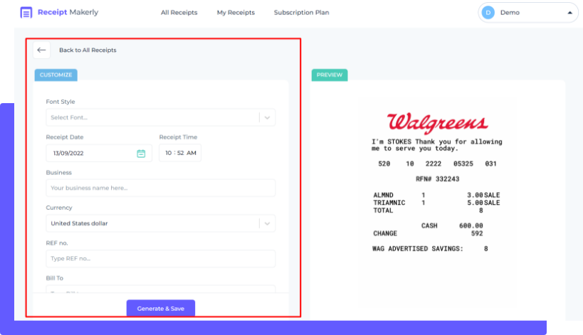 Third step to generate walgreens style receipt with Receipmakerly app