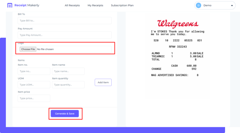 Fourth step to generate walgreens style receipt with Receipmakerly app